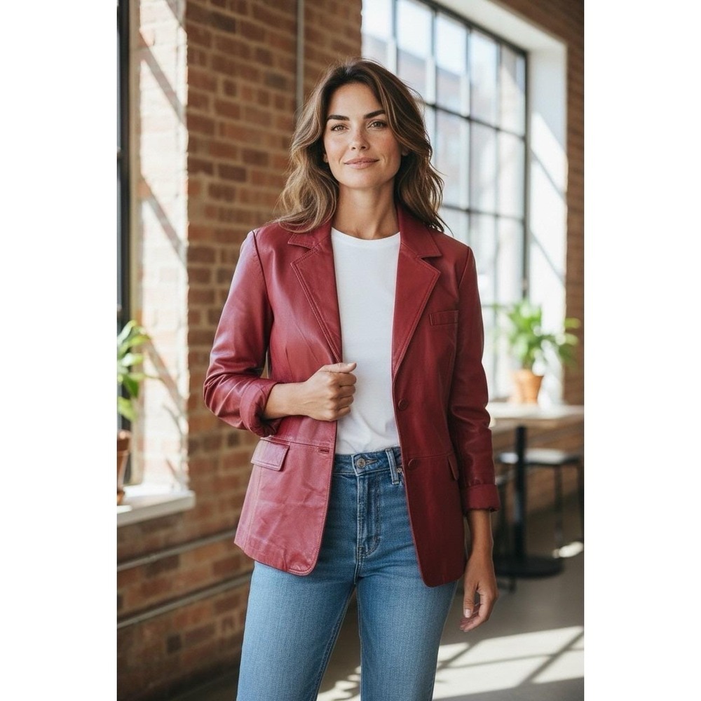 Womens Leather Jacket Red XL Sz 22 New With Tags Vintage Retro Style - Picture 3 of 8